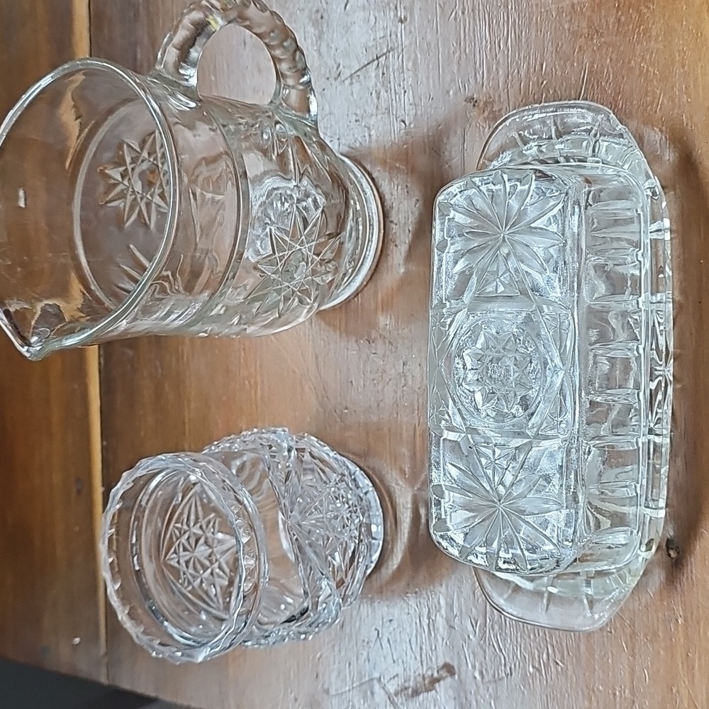 Anchor Hocking Vintage Elegant Crystal Glassware Set/ Creamer-Sugar-Butter Dish